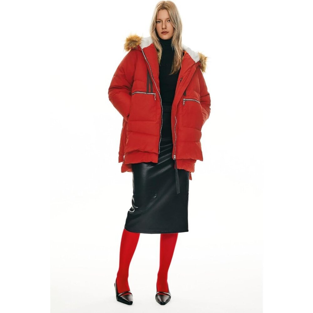 Women's Dark Red Faux Fur Trim Clothing Down Vest Jacket Warm Fleece Lined Hood - Picture 8 of 8